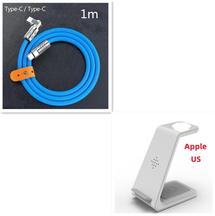 Wireless charger stand with white base and glowing pad, 1m Type-C to Type-C cable, blue cord.