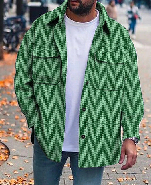 Men's polo-collar coat shirt in green herringbone with button front and flap chest pockets.