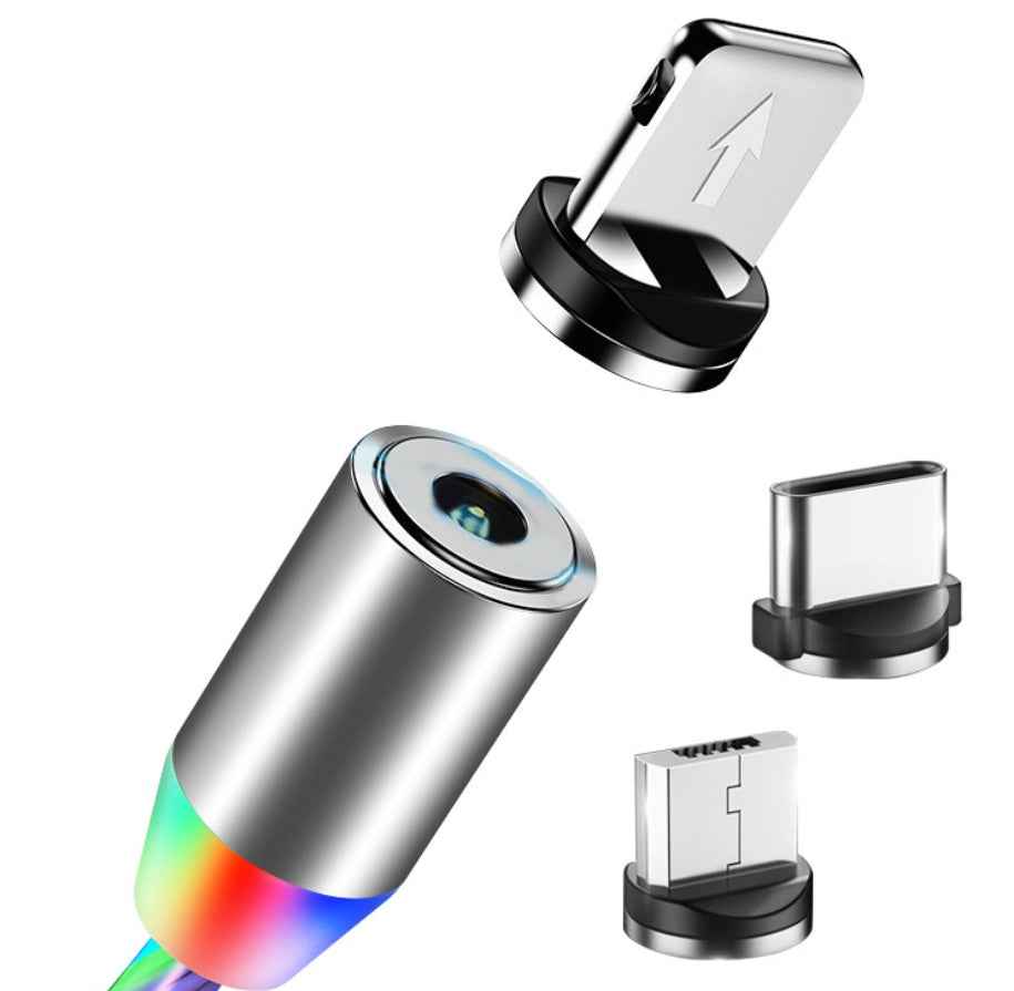 Metallic magnetic cable connector with three adapter tips and color-changing light band