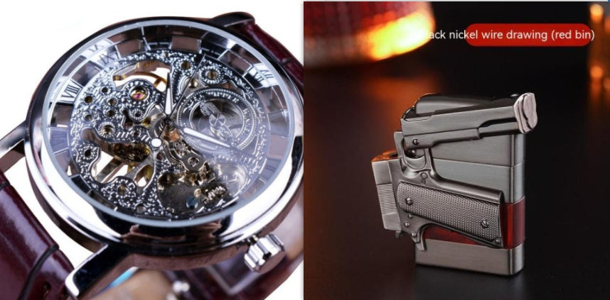 Mechanical watch with silver-tone openwork dial and maroon leather strap, plus lighter