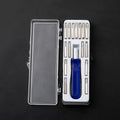 Screwdriver bit kit with blue handle, metal bits, and protective case