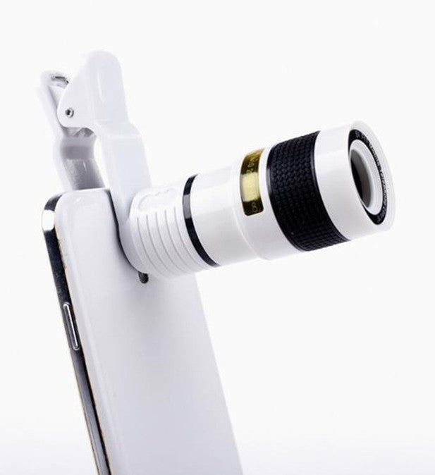 White clip-on telescope camera lens with textured grip and side mounting clamp