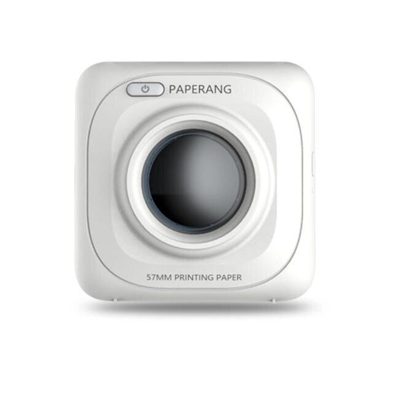 White mini mobile thermal photo printer, front lens and power button