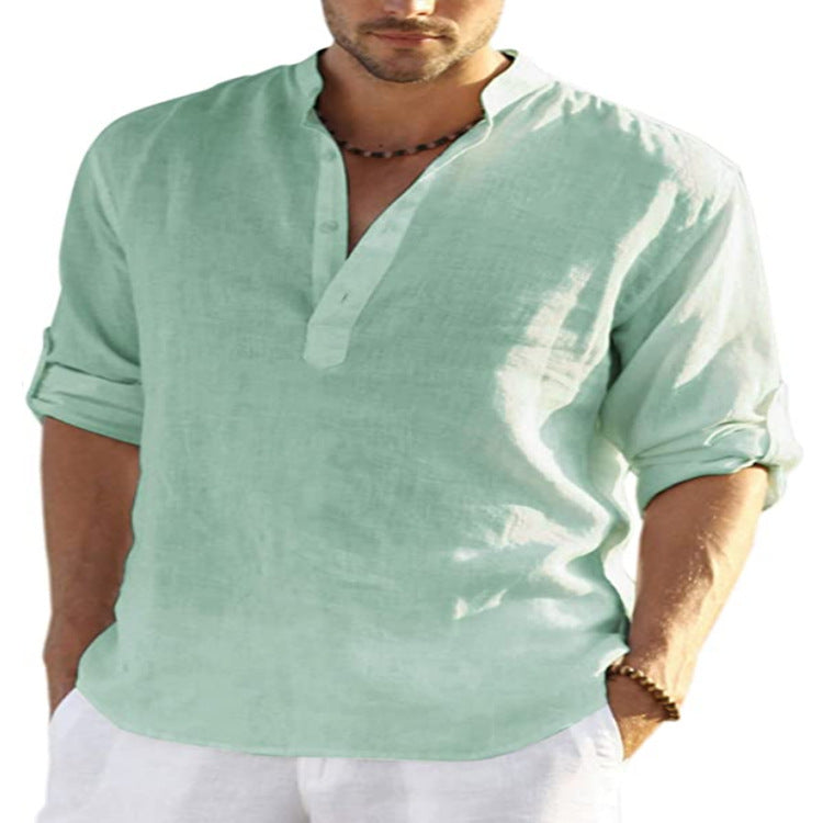 Men's casual long sleeve stand-collar shirt in light mint green, loose fit