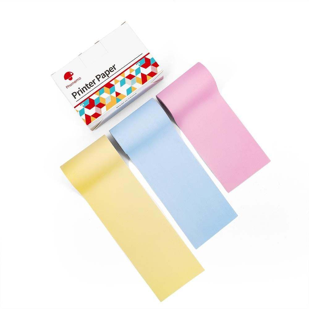 Color thermal label paper rolls: pastel yellow, blue, and pink
