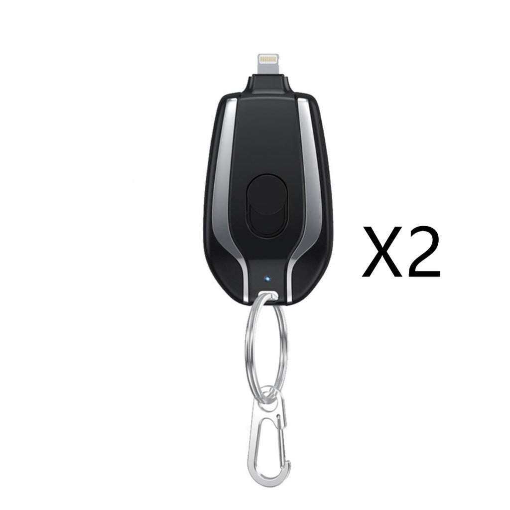 Mini keychain power bank pod with charging port and metal carabiner, dark black case