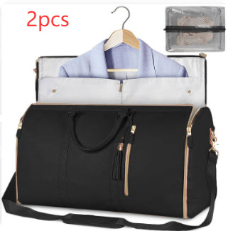 Black travel duffle bag with hanging suit organizer, mesh top pouch and shoulder strap