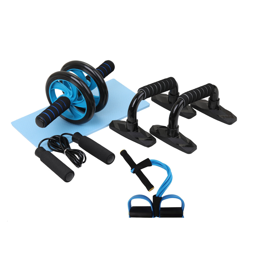Gym fitness equipment kit with wheel, push handles, resistance straps, and mat