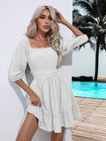 Ruffle-trimmed square-neck dress, white, gathered waist, tiered ruffle hem