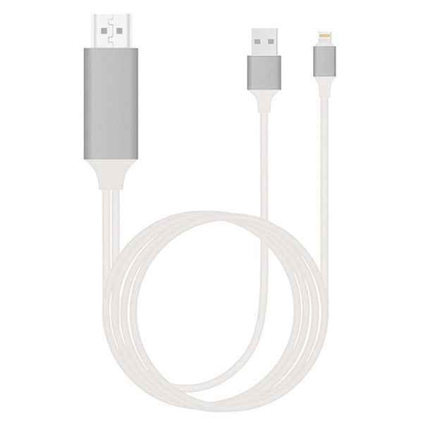 White mobile phone projection cable with Type-C and HDMI adapters connected by white cord