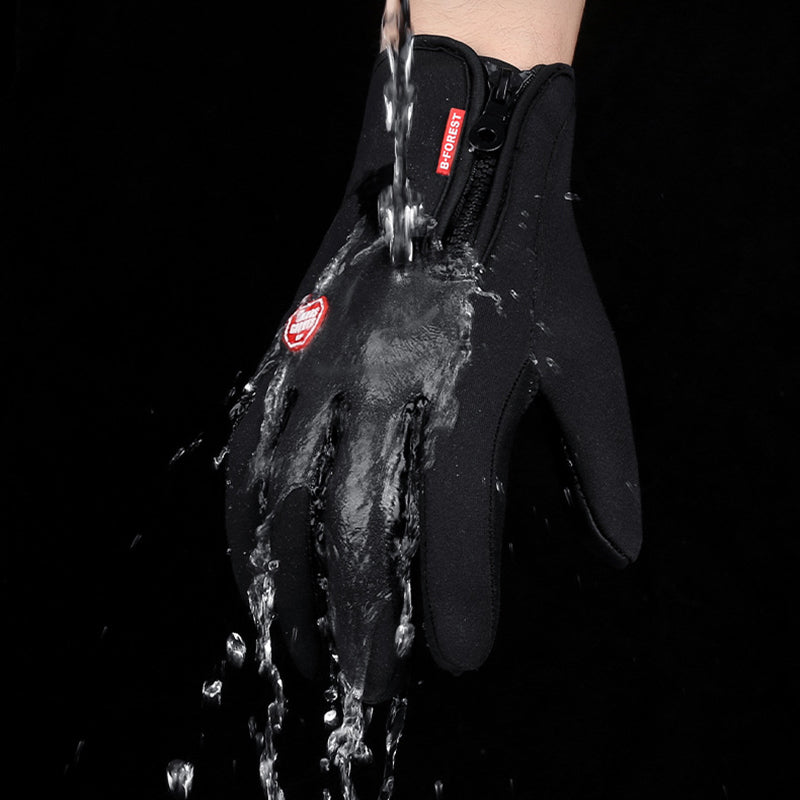 Winter waterproof riding gloves, black with textured grip palm and protective knuckles.