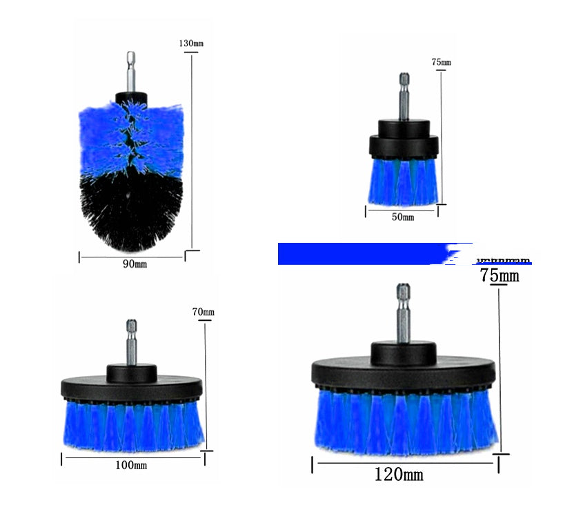 Electric drill cleaning brush attachment with blue bristles and black round base