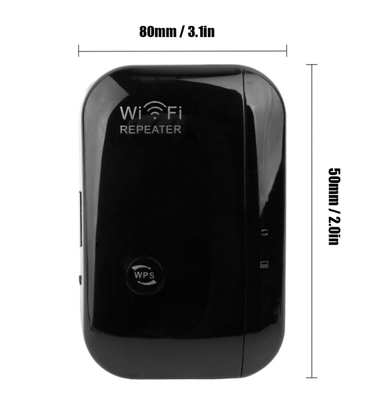 WiFi repeater plug-in extender, black front view with 80mm by 53mm size marking