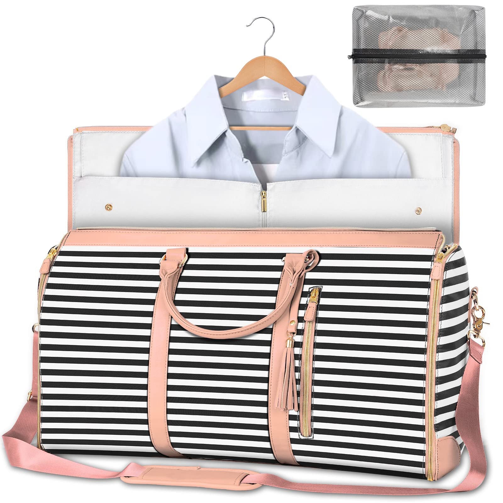 Black and white striped travel duffle bag with pink trim, open top, and crossbody strap