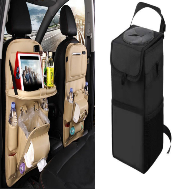PU leather car seat back storage bag, black, rectangular hanging organizer with top handle