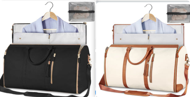Travel duffle bag pair with hanging suit organizer, black and white with brown trim