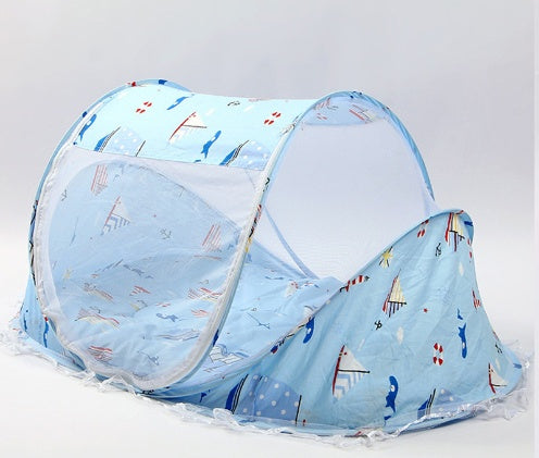 Foldable baby bed net set with pillow, light blue printed canopy and mesh sides