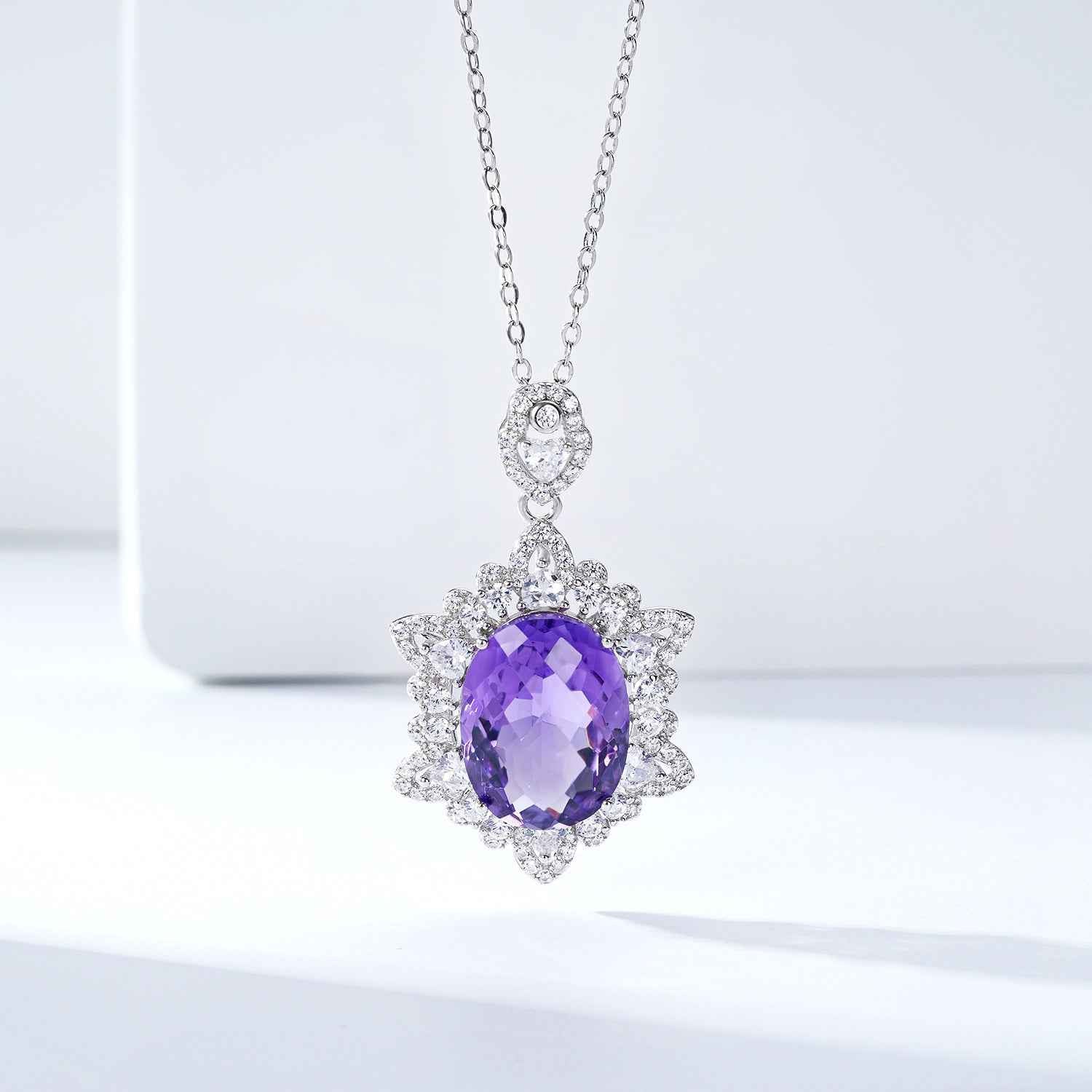 925 silver amethyst pendant necklace with purple oval gemstone and diamond halo flowers