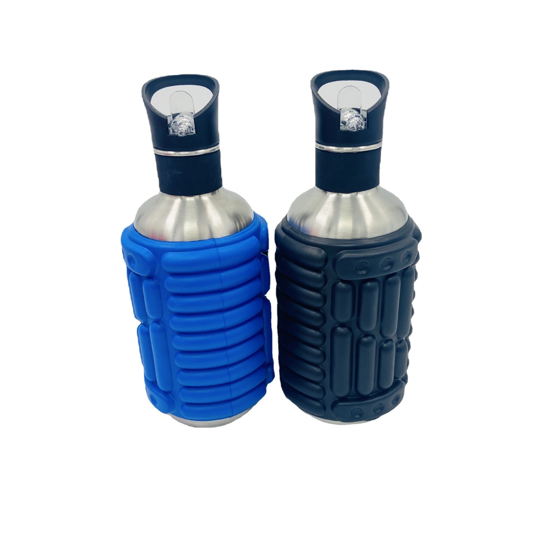 Blue and dark massage water bottles with textured grips and flip spout caps (pair)