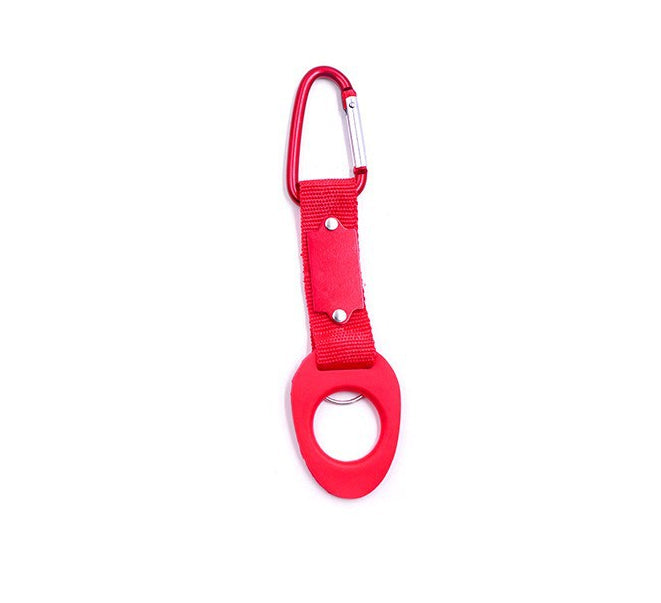 Sports water bottle hanging buckle strap with red loop and metal carabiner clip