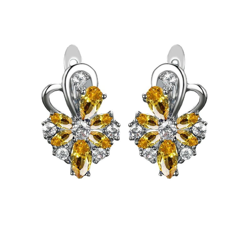 Flower drop-shaped zircon earrings with yellow and clear stones in silver-tone settings