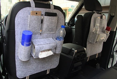 Light gray seat organizer bag with front pockets and side bottle holder