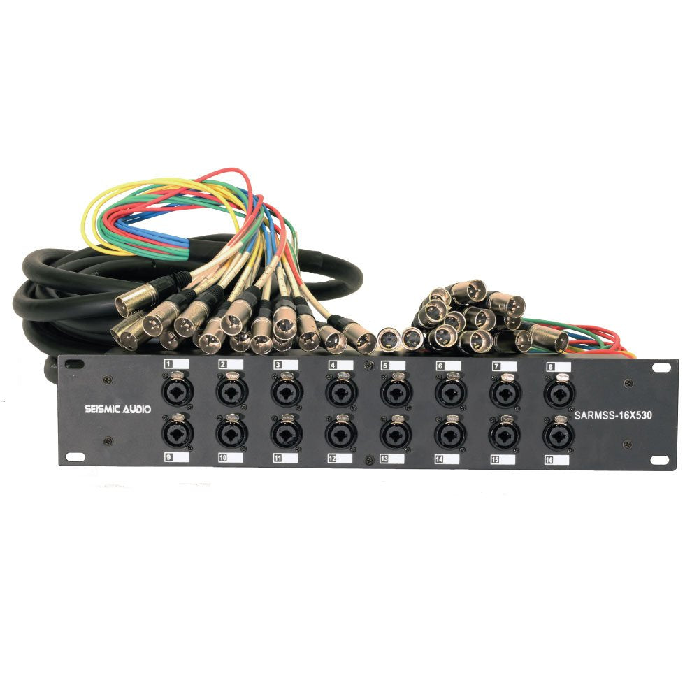 16-channel XLR/TRS combo splitter rack panel with multicolor cable bundle and connectors