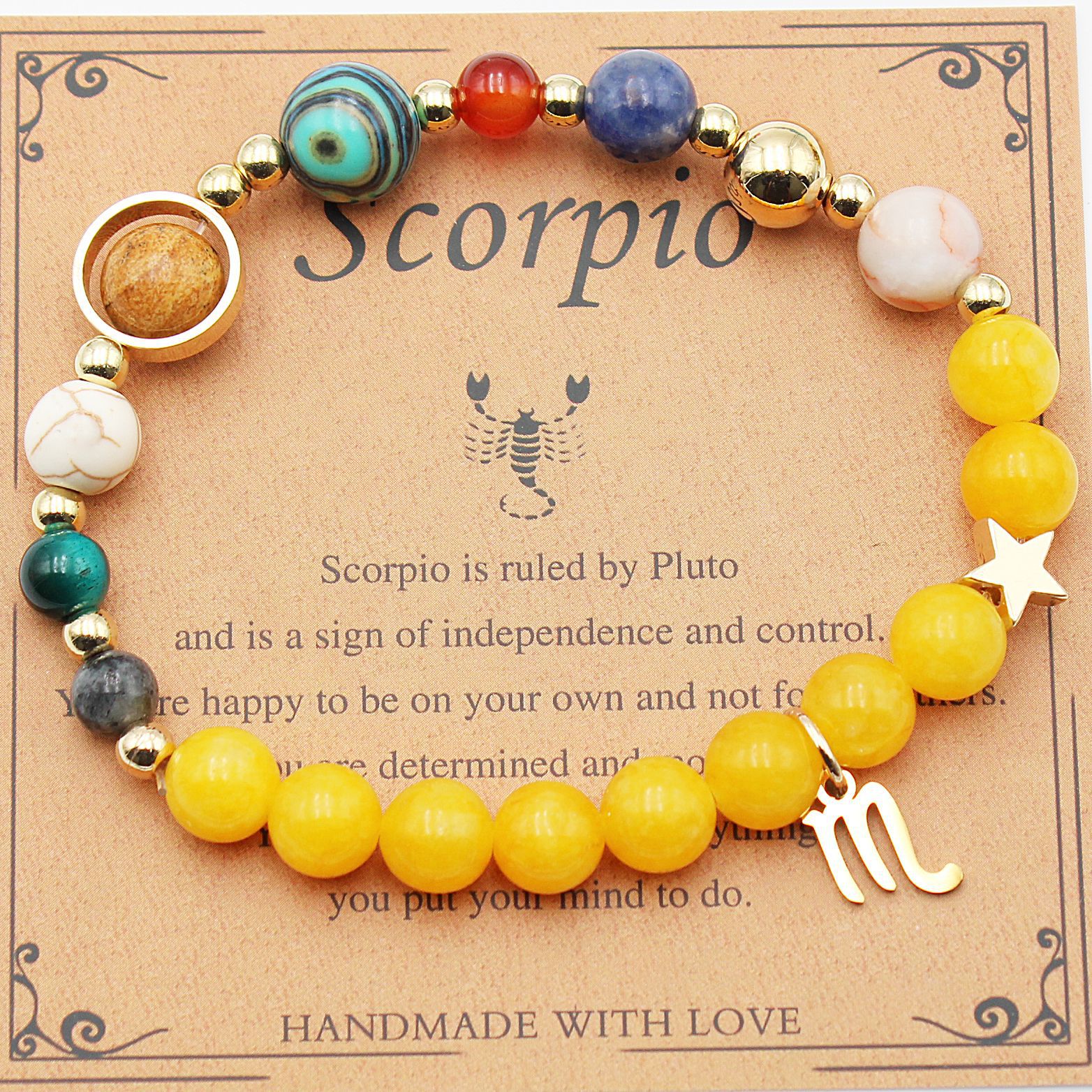 Scorpio zodiac beaded bracelet with yellow beads, multicolor beads, and scorpion charm