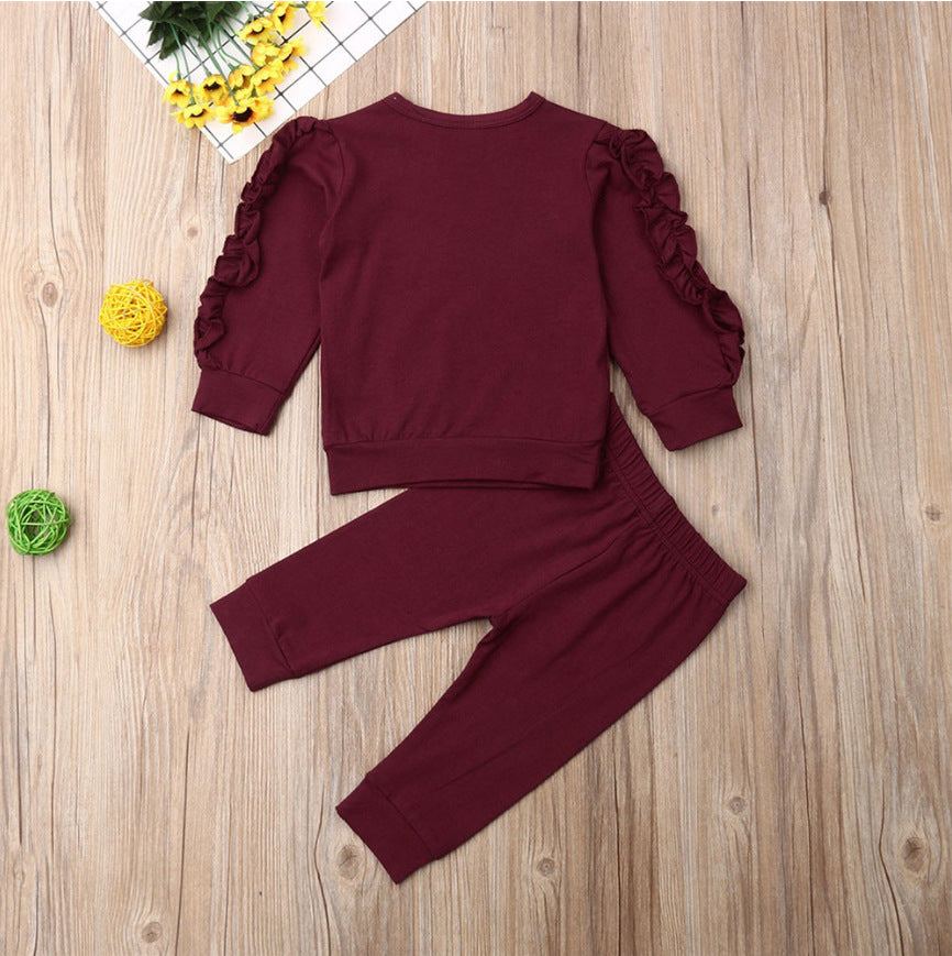 Newborn wine red ruffle-sleeve sweatshirt and matching pants 2-piece set