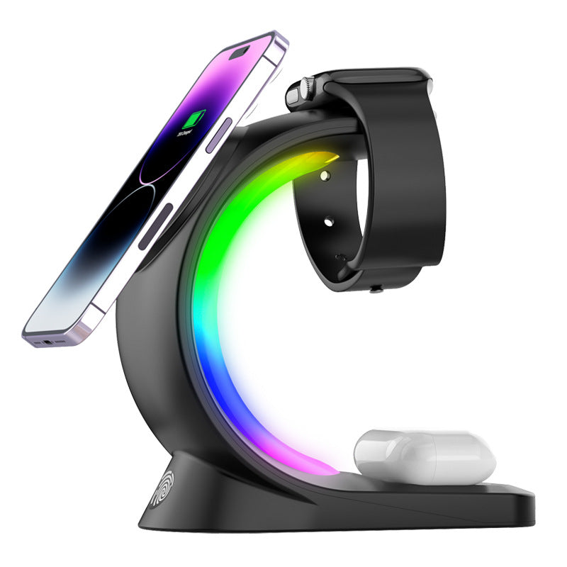 Magnetic wireless charger stand in black with RGB ring light and phone, watch, earbuds charging pads