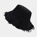 Black sun hat with wide brim and fringed fray detail around the edge.