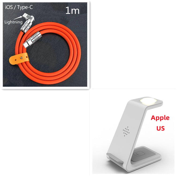 Wireless charger stand with glowing pad and 1m iOS Lightning to Type-C cable, orange cord.