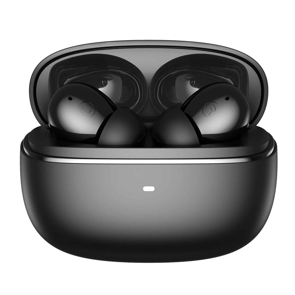Black wireless in-ear headphones with earbuds seated in the charging case