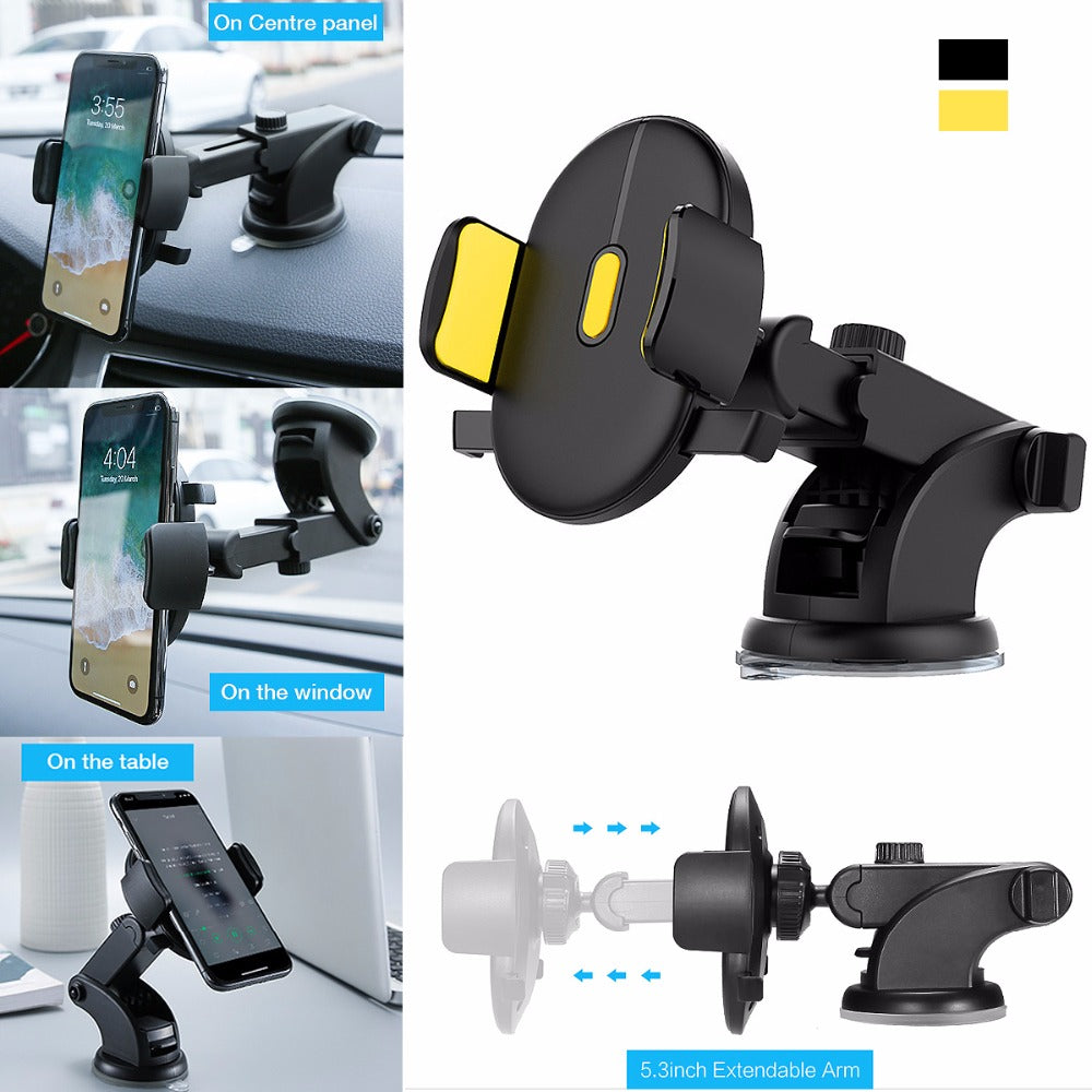 Black telescopic car phone holder with suction cup base and clamp arms