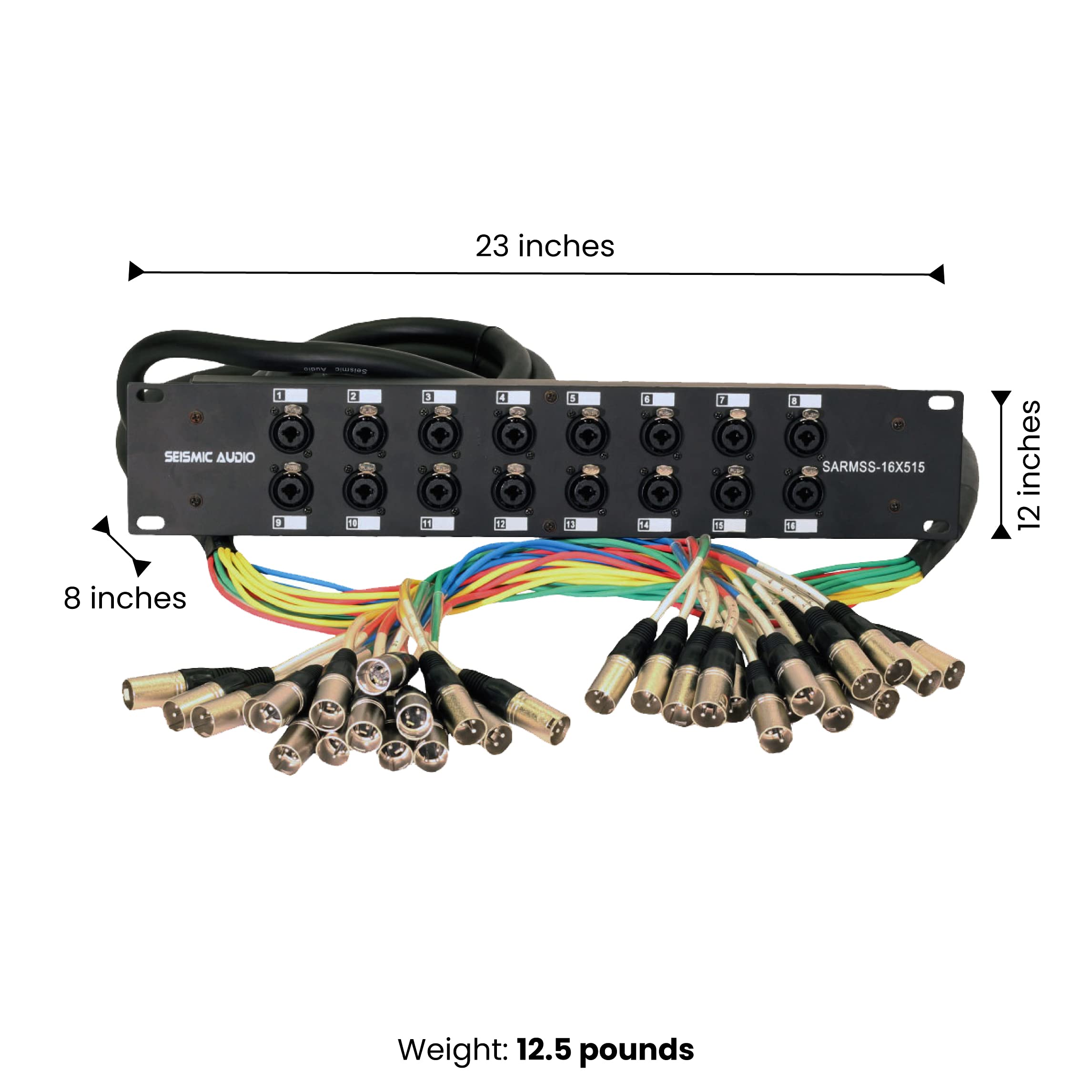 Rack mount audio splitter with 16 combo jacks and multicolor XLR/TRS trunks, side view