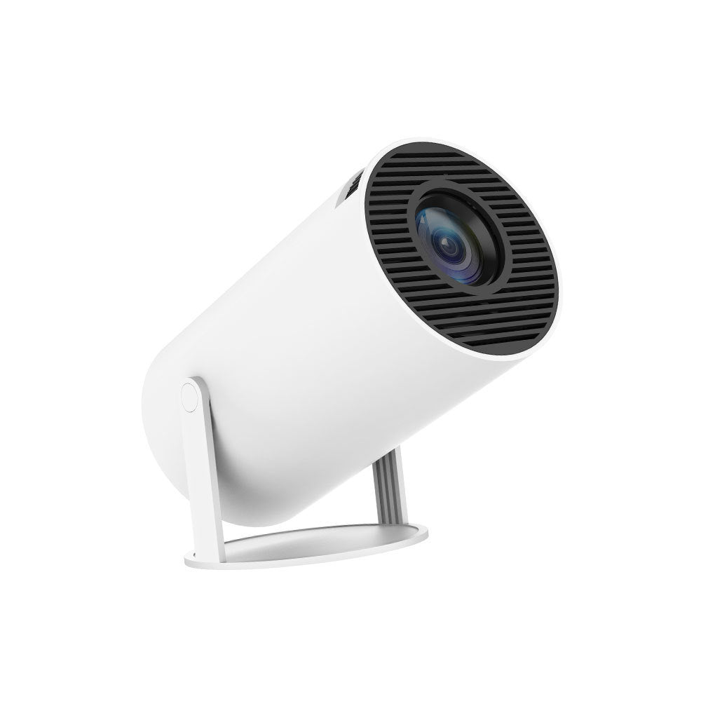 White portable mini projector with front lens and raised side support