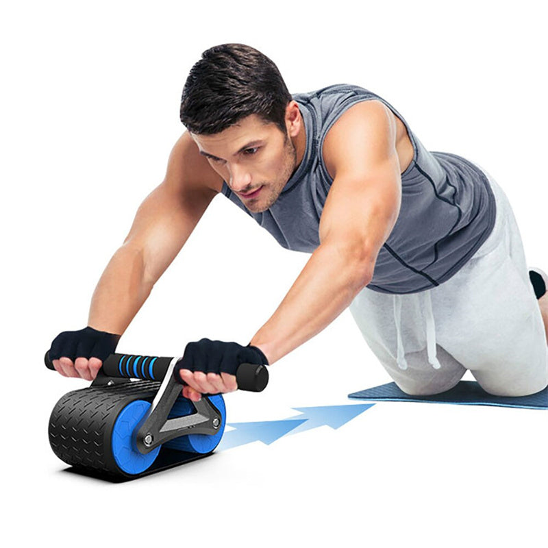 Blue double-wheel AB roller with black frame and textured grip handles