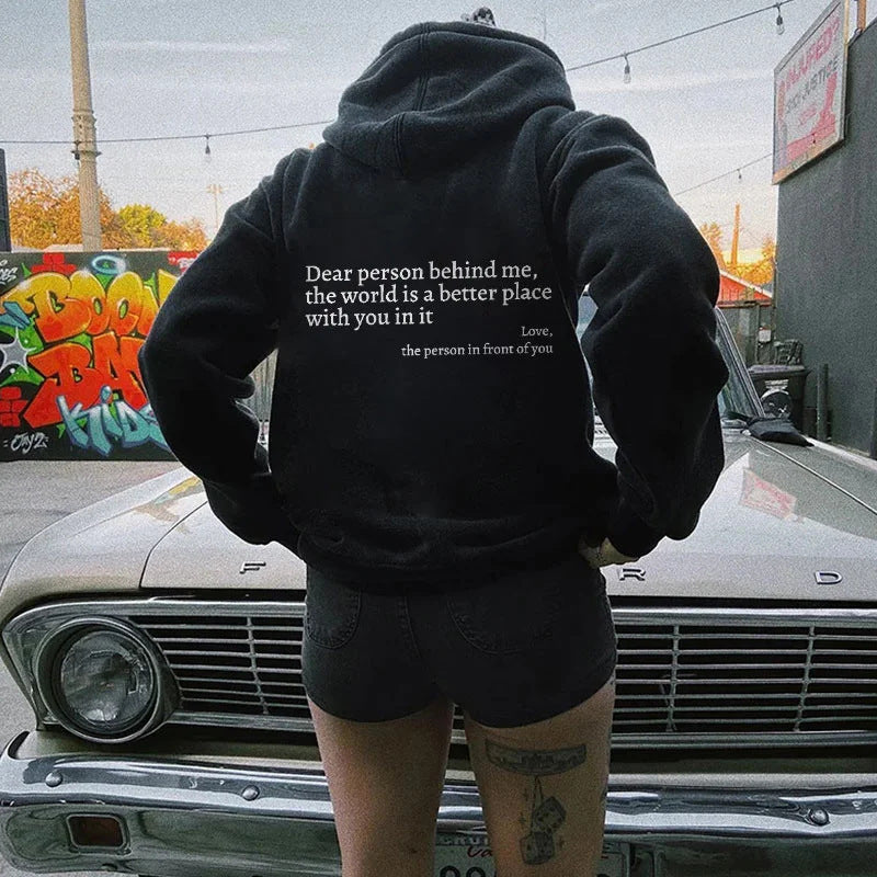Black plush letter-print kangaroo-pocket hoodie, back view with hood and kangaroo pocket