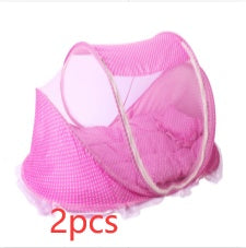 Foldable baby bed net set, pink mesh tent with white trim, 2-piece view