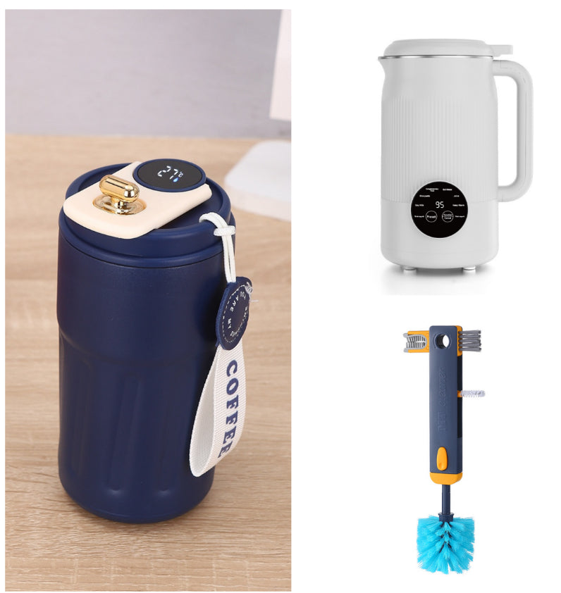 Blue insulated thermal coffee mug with handle and display; includes cleaning brush