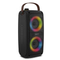 Black portable Bluetooth speaker, front view with handle and dual multicolor light rings.