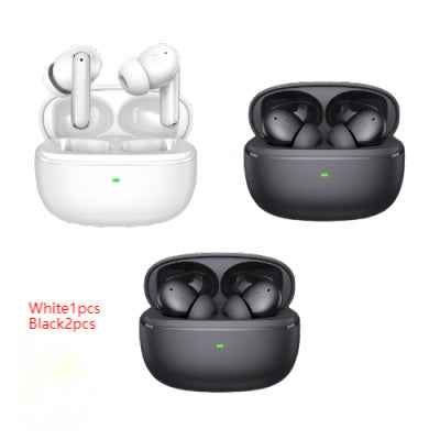 Wireless in-ear earbuds sets shown: white 1pc and black 2pcs in cases
