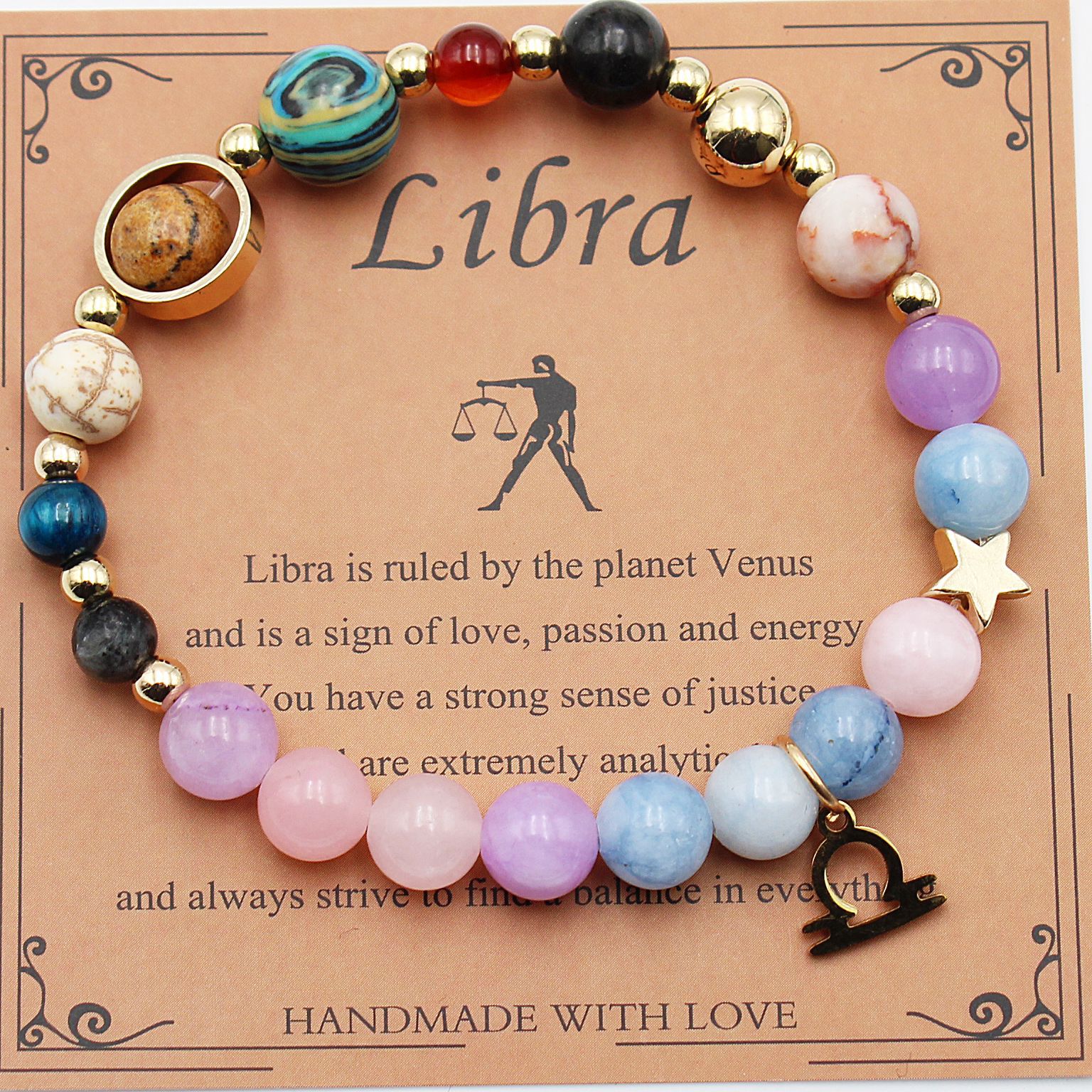 Libra zodiac beaded bracelet with pastel beads and gold-tone star and charm