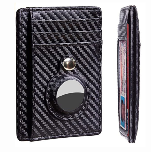Black carbon-fiber card wallet with circular AirTag cutout, side profile