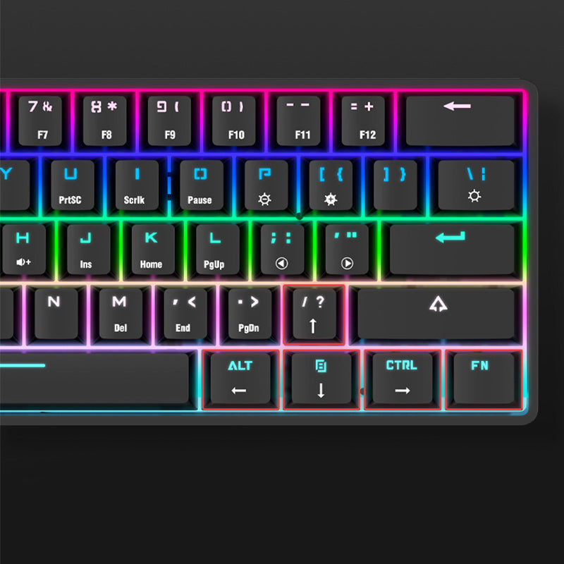Mechanical keyboard key cluster with RGB backlighting on black keycaps, arrows and Alt/Ctrl.