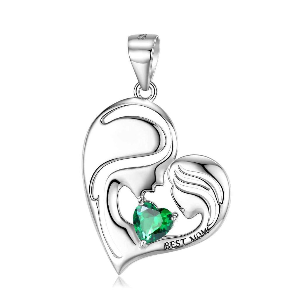 S925 sterling silver heart pendant necklace with green heart gemstone and Best Mom engraving