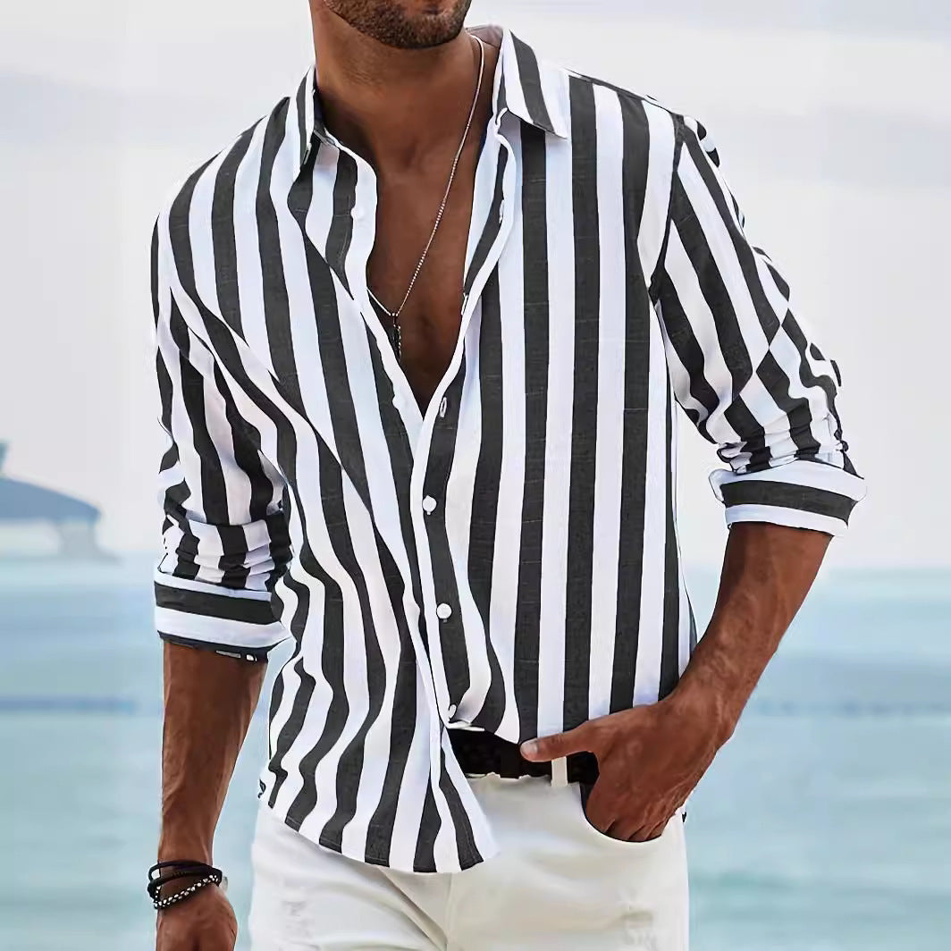 Men's striped casual shirt with black-and-white vertical stripes, long sleeves