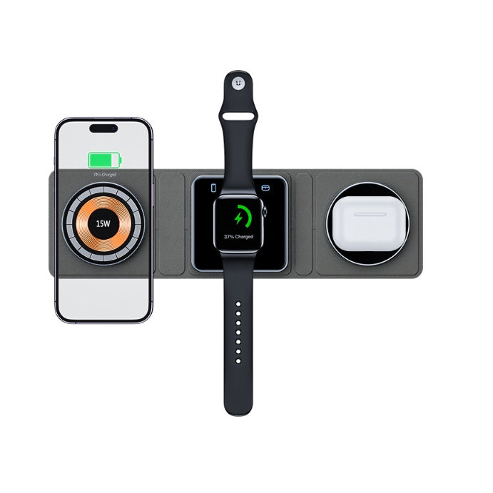Black 3-in-1 magnetic wireless charger station with phone, watch, and earbuds charging slots