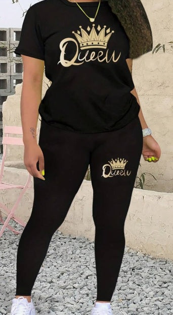 Two-piece top and leggings set: black short-sleeve and leggings with crown Queew print