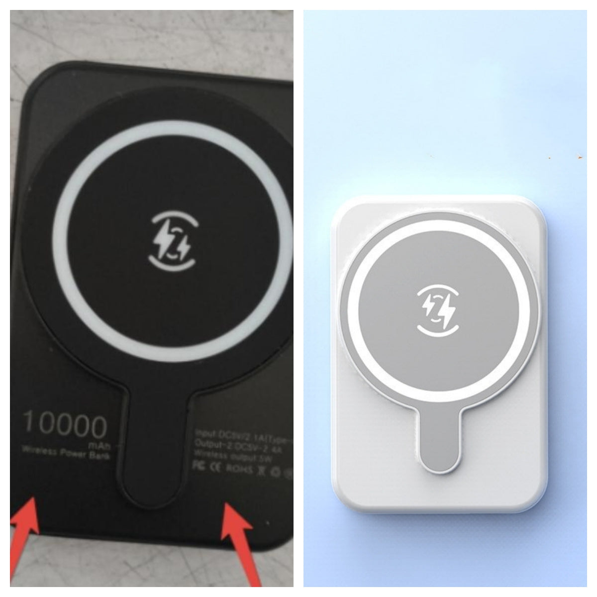Mini magnetic wireless power bank, black and white, with Qi charging symbol.